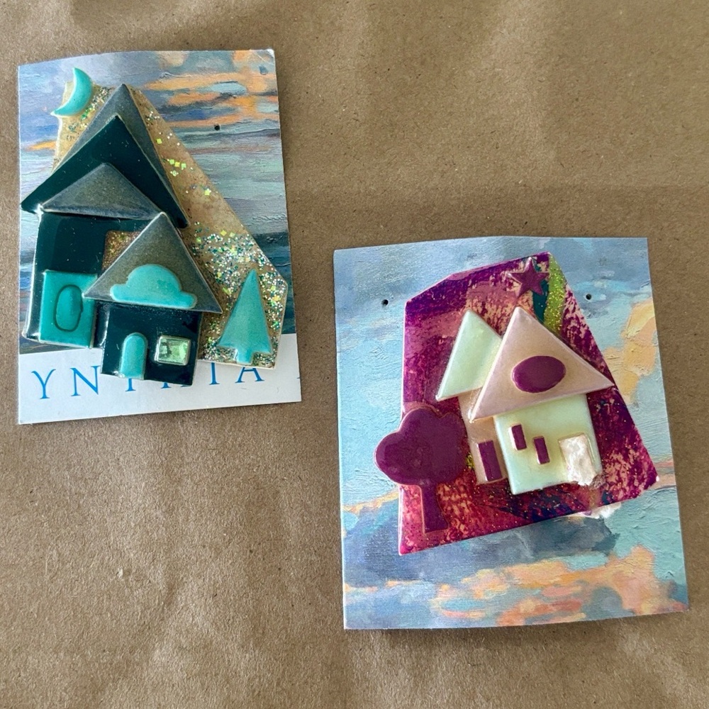 2 Vintage House Pin Pins Lucinda Maine Brooch Moon Heart Glitter Duo